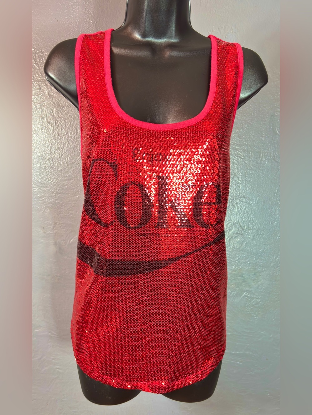 Vintage Y2K Red Coca-Cola Sequin Scoop Neck Tank Top Size Large